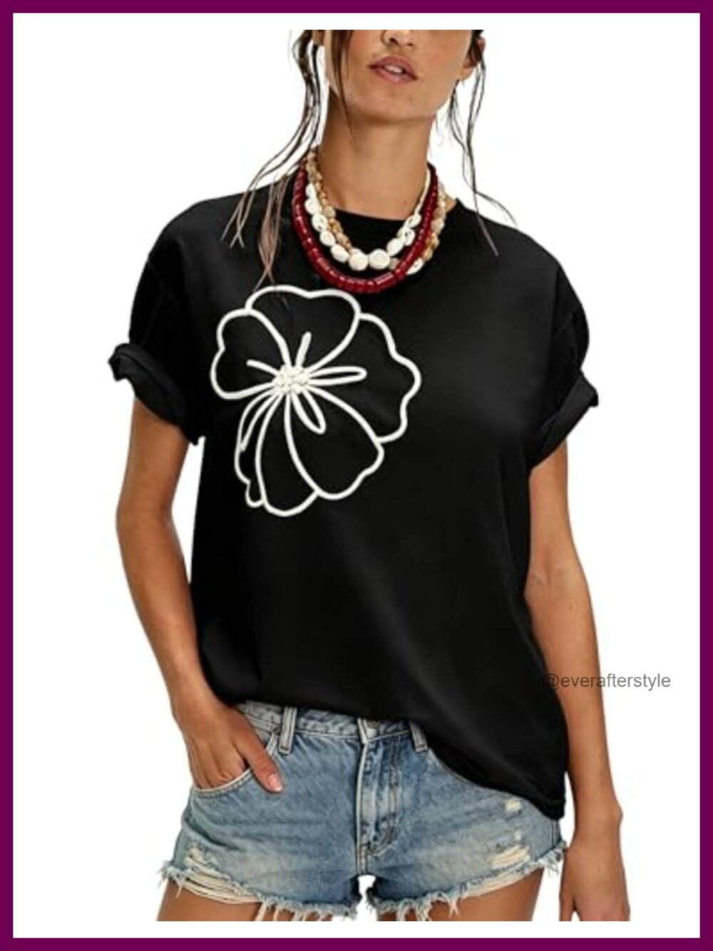 Floral Embroidered Cotton Crew Neck Short Sleeve T-Shirt Loose Fit Casual